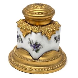 Antique Limoges French Milk Glass Brass Inkwell Hand Painted With Base